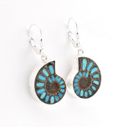 Pair of earrings with blue and brown circular designs on a white background