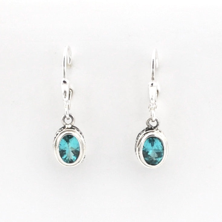 Silver earrings with blue gemstones on a white background