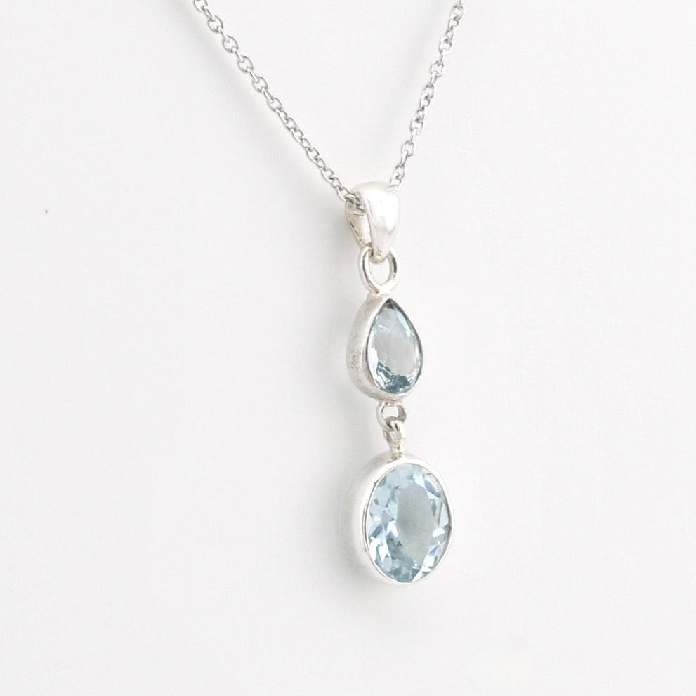 Silver Aquamarine Tear Oval Necklace on white background