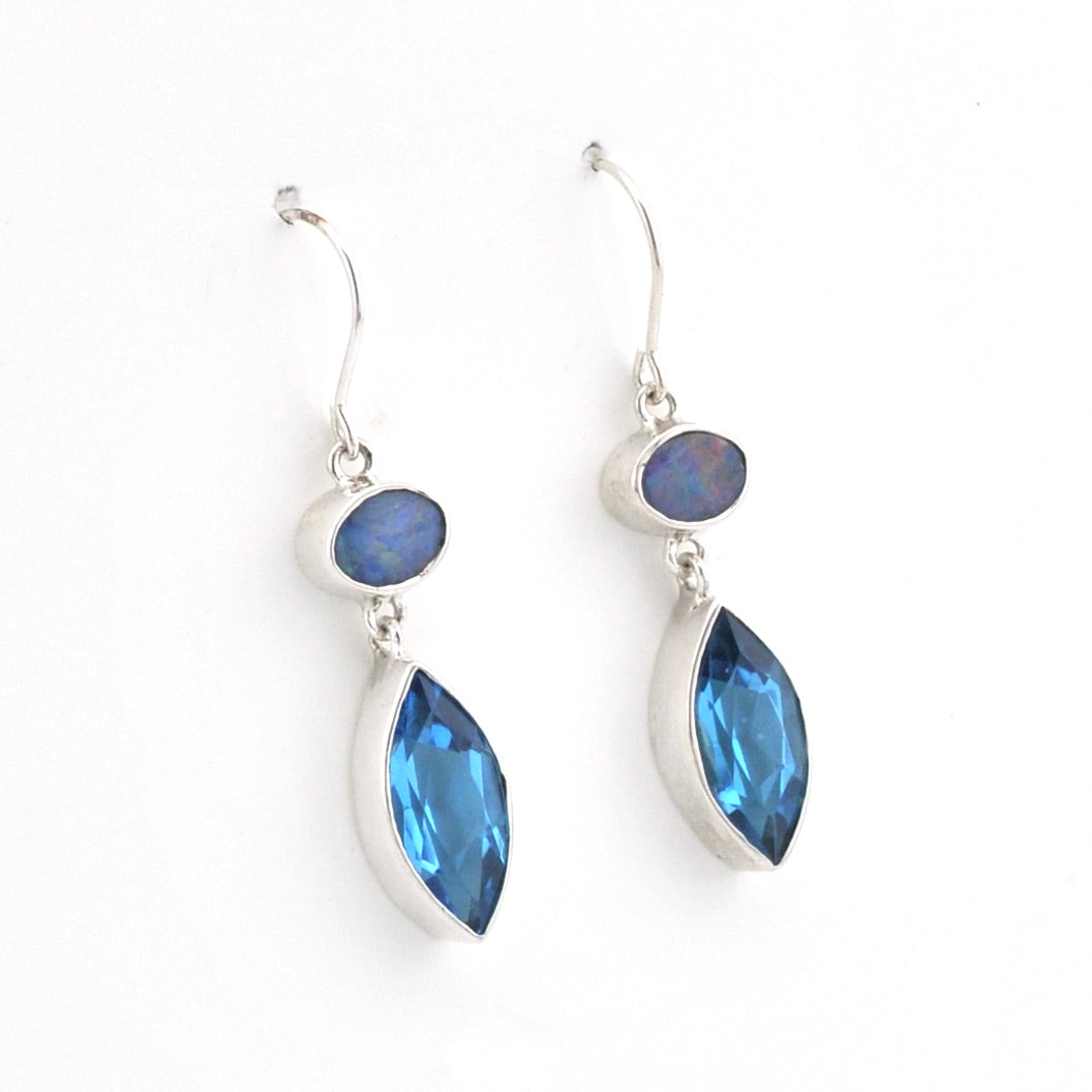 Silver Australian Opal Topaz Marquise Dangle Earring on white background