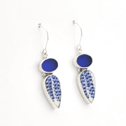 Silver Blue Sea Glass and Vintage Porcelain Earrings on white background