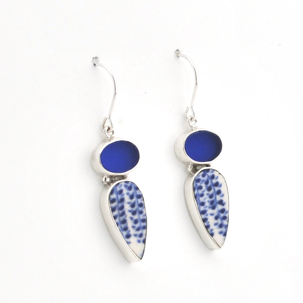 Silver Blue Sea Glass and Vintage Porcelain Earrings on white background