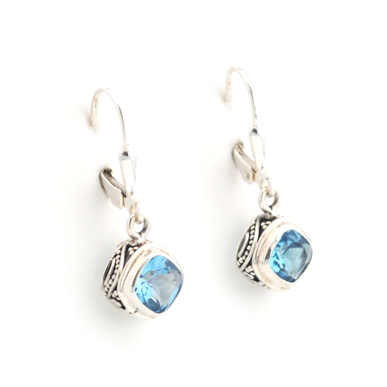 Alternate View Silver Blue Topaz 6mm Offset Square Bali Dangle Earrings