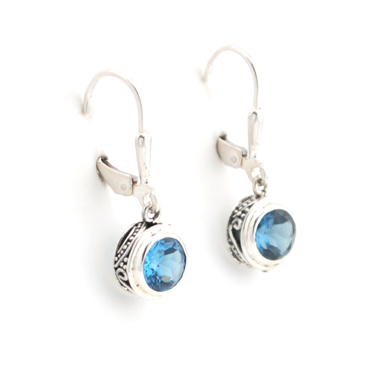 Alternate View Silver Blue Topaz 6mm Round Bali Dangle Earrings