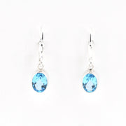 Pair of blue gemstone earrings on a white background