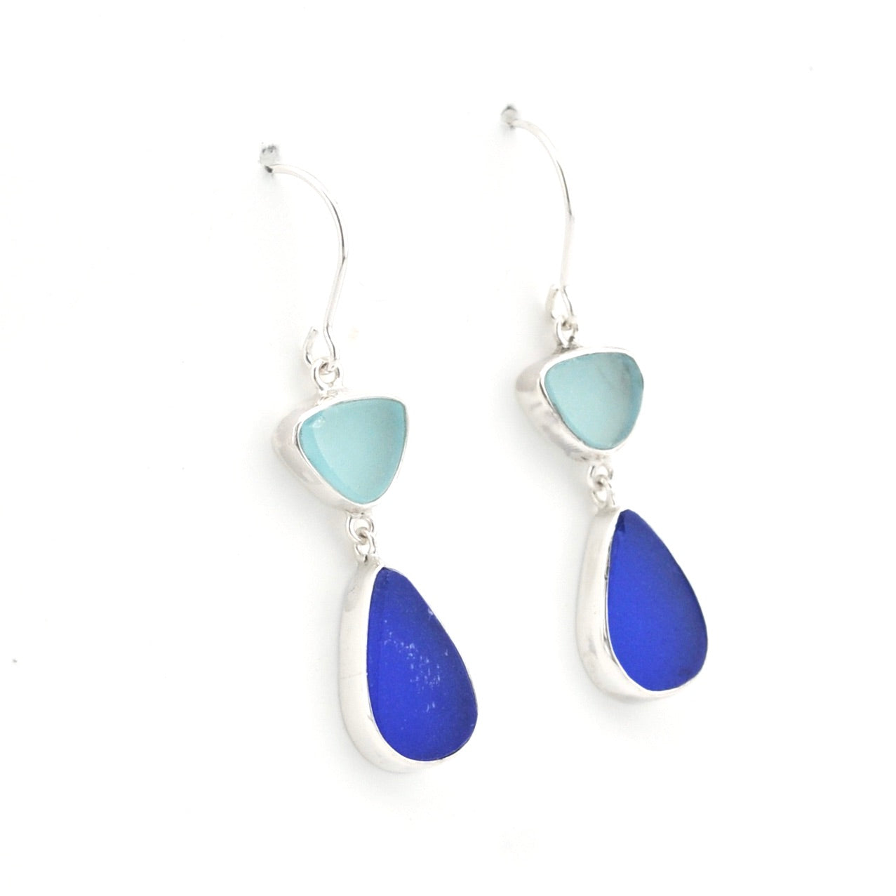 Silver Blue and Aqua Sea Glass Dangle Earrings on white background