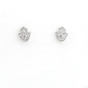 Silver Hamsa hand earrings on a white background
