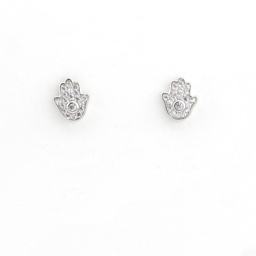 Silver Hamsa hand earrings on a white background
