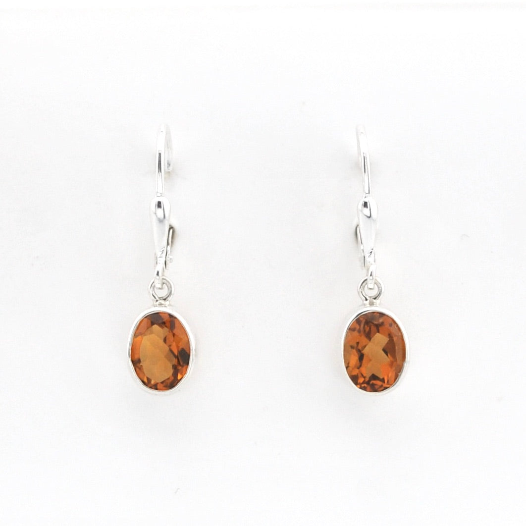 Silver Citrine 6x8mm Oval Dangle Earrings on white background