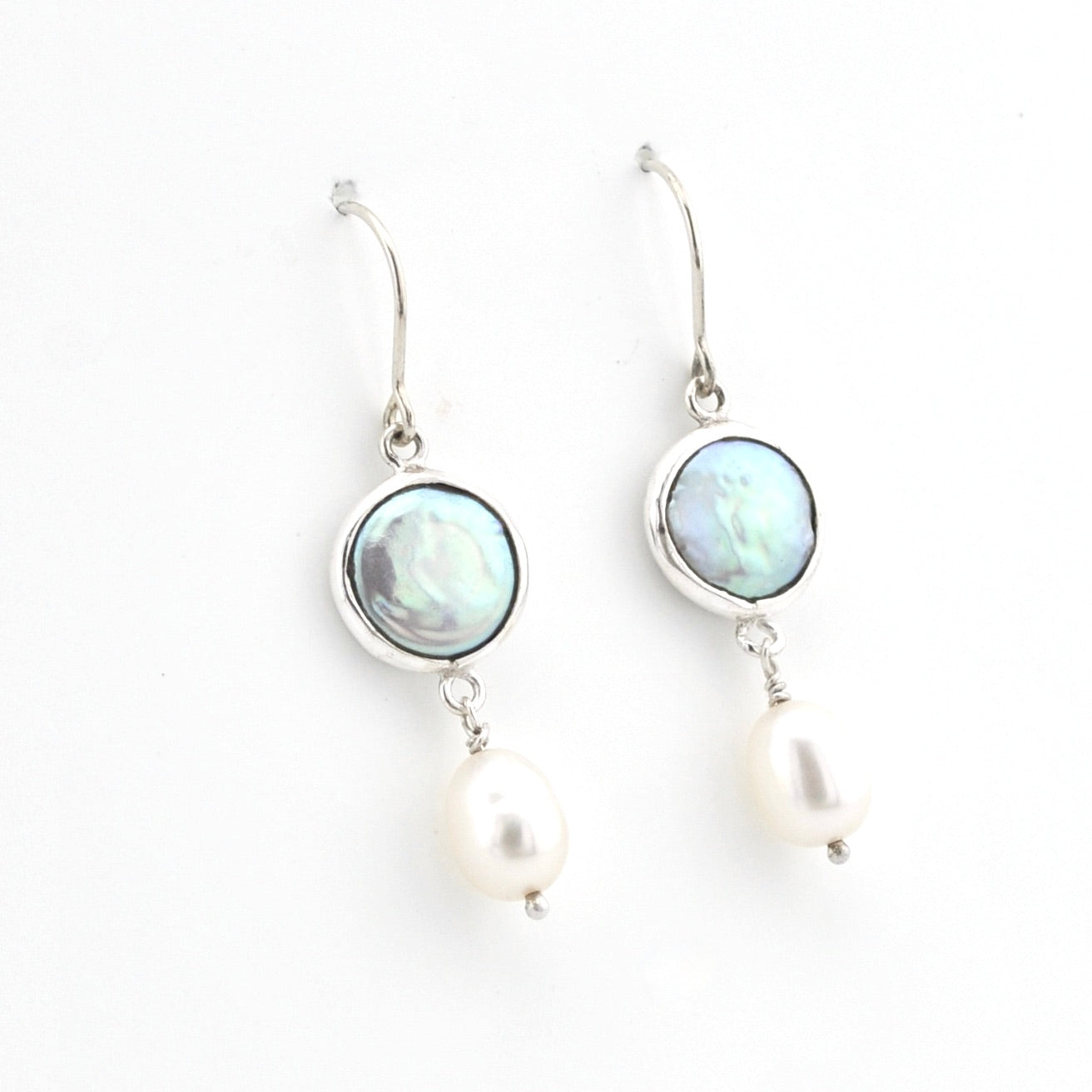 Silver Coin Pearl with Pearl Drop Earrings on white background