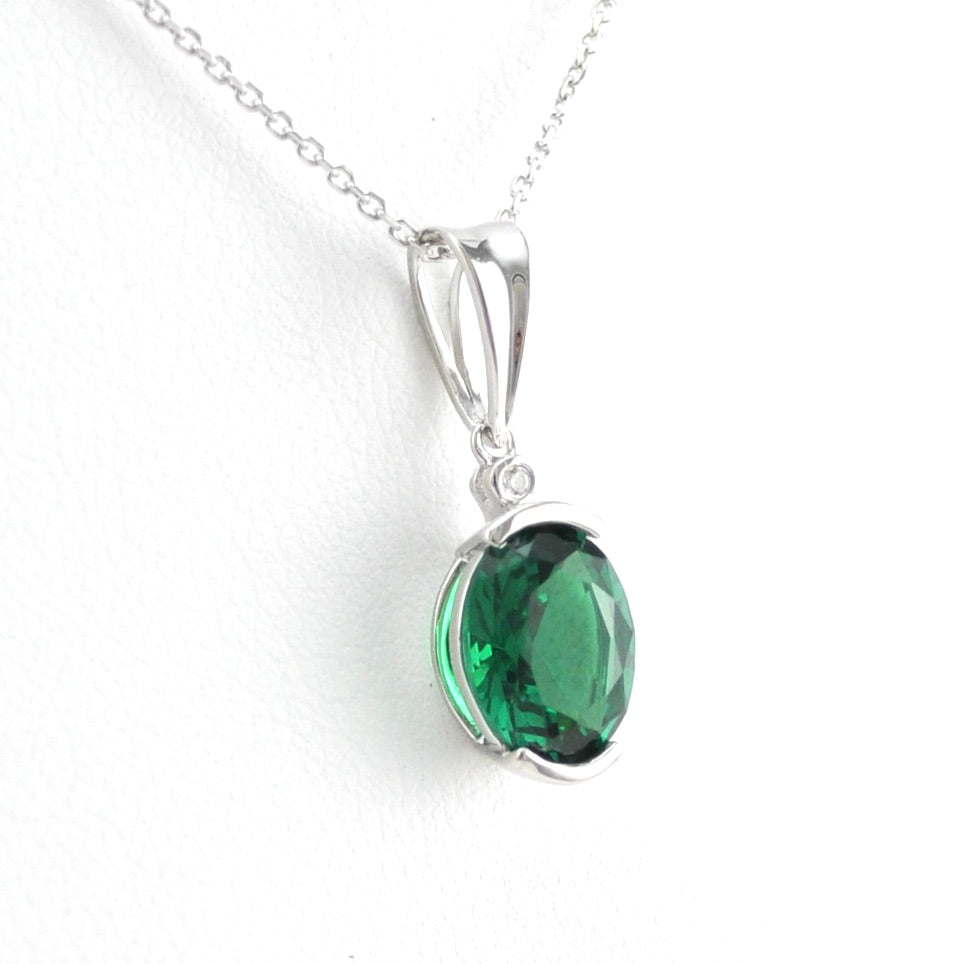 Alternate View Silver Created Emerald 2ct Oval CZ Necklace