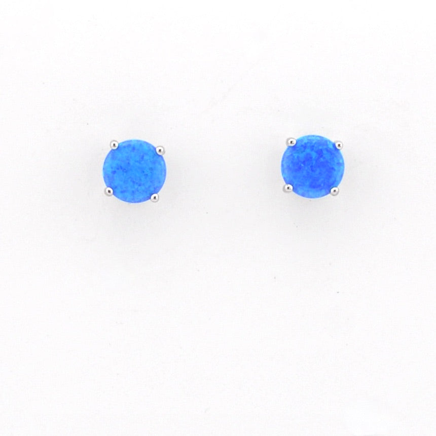 Alternate View Silver Created Opal Blue Round Prong Set Earrings