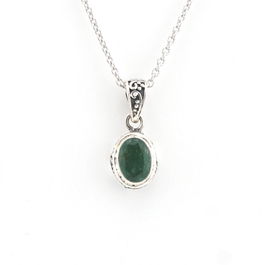 Alternate View Silver Emerald 5x7mm Oval Bali Necklace