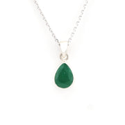 Necklace with a green teardrop pendant on a white background