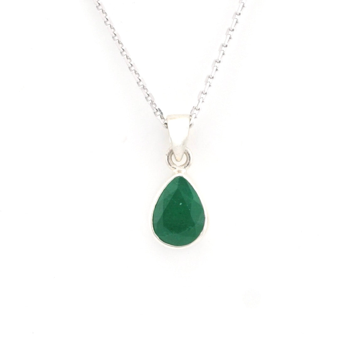 Necklace with a green teardrop pendant on a white background