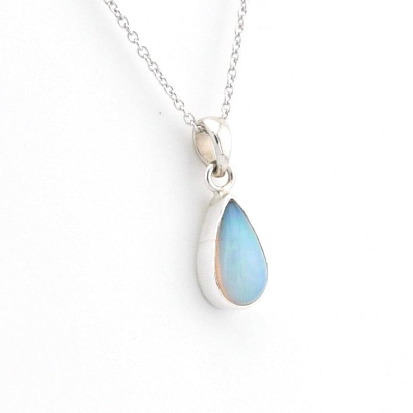 Silver Ethiopian Opal 6x11mm Tear Necklace on white background