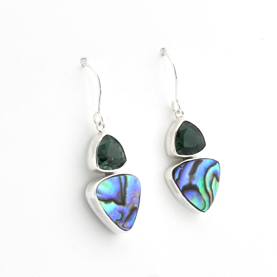 Silver Green Quartz Abalone Trillion Dangle Earrings on white background