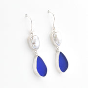 Silver Keshi Pearl Blue Sea Glass Dangle Earrings on white background