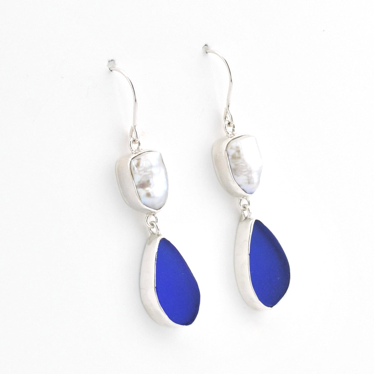 Silver Keshi Pearl Blue Sea Glass Dangle Earrings on white background