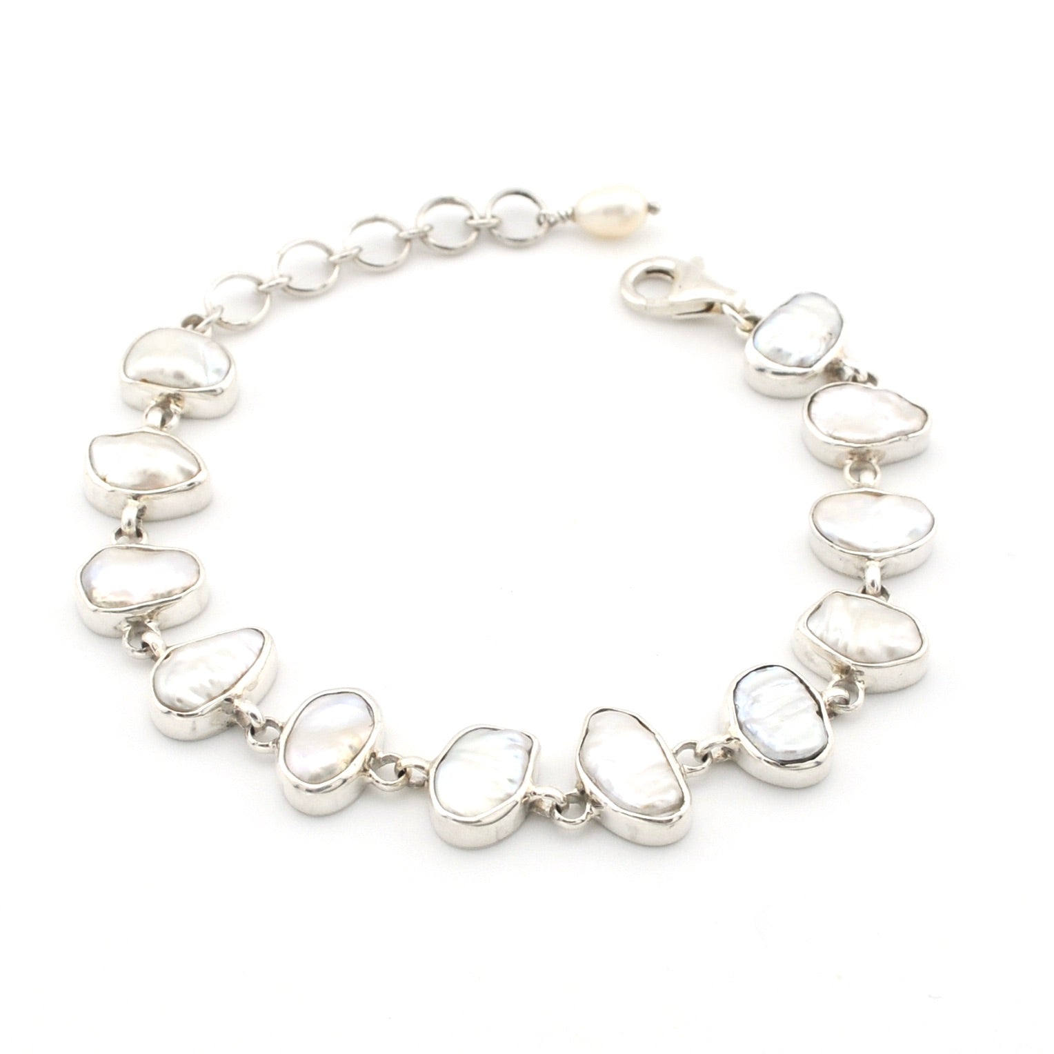 Silver Keshi Pearl Link Bracelet on white background
