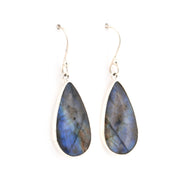 Teardrop-shaped labradorite earrings on a white background