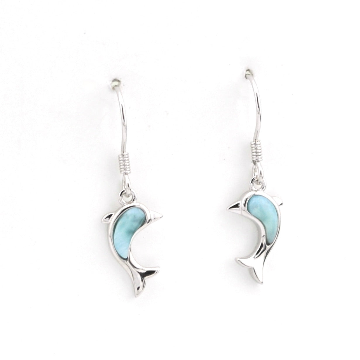 Silver dolphin earrings with light blue accents on a white background
