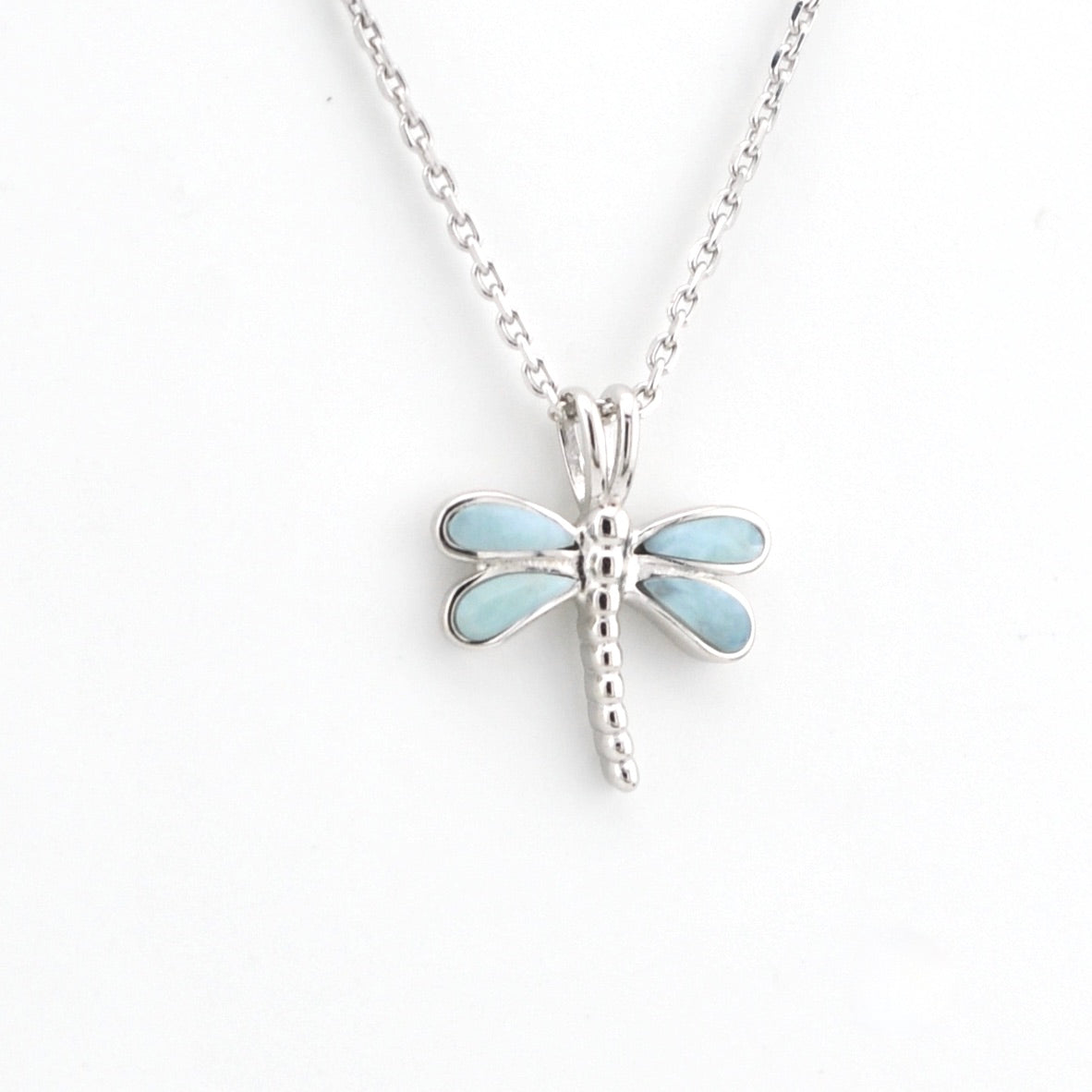 Dragonfly-shaped pendant on a chain against a white background