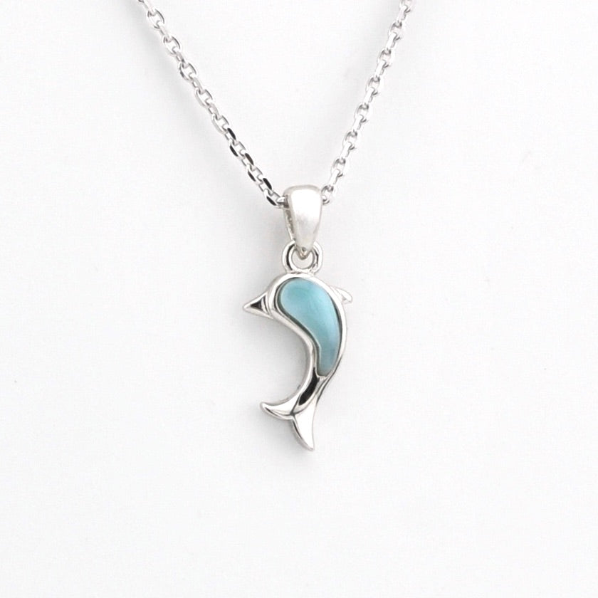 Silver necklace with a blue pendant on a white background