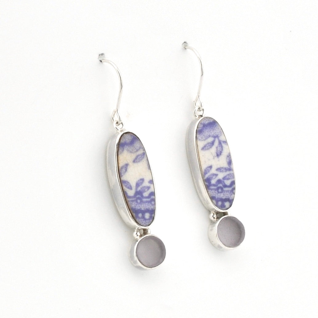 Handmade Silver Lavender Vintage Porcelain Sea Glass Earrings on white background