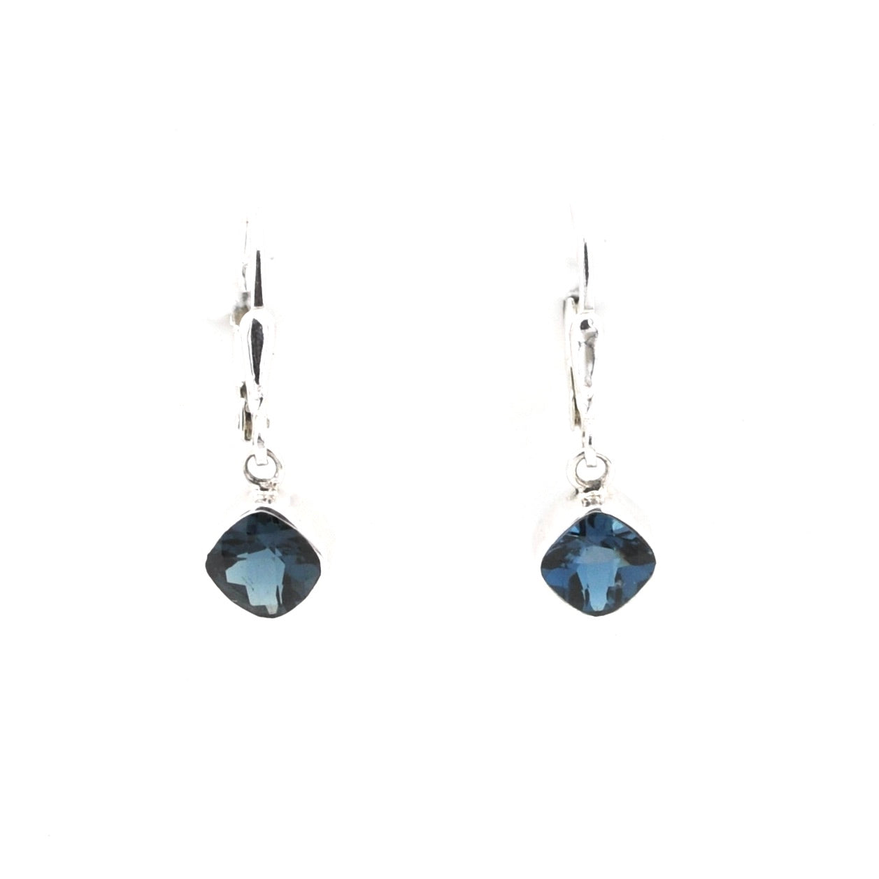 Pair of blue square-shaped earrings on a white background