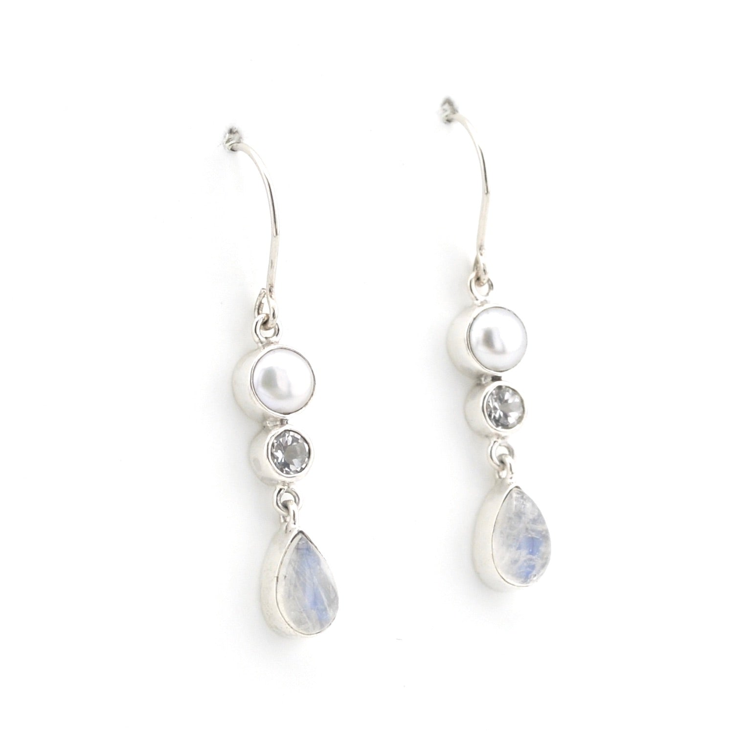Silver Moonstone White Topaz Pearl Dangle Earring on white background