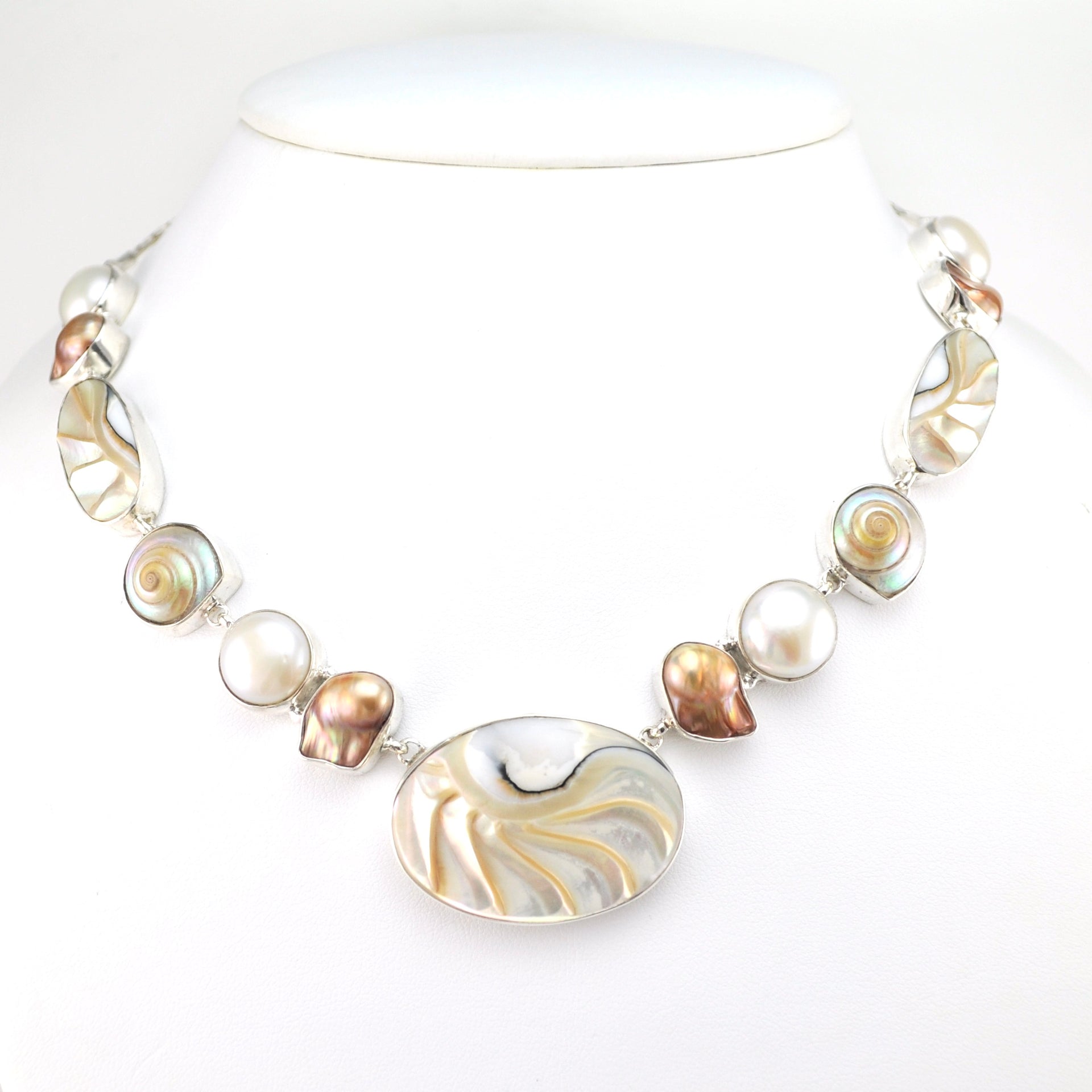 Alternate View Silver Nautilus Shell Pearl Necklace