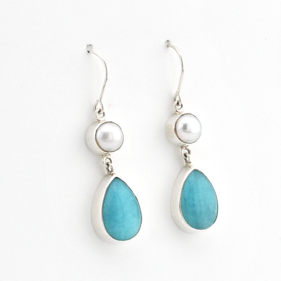 Silver Pearl Amazonite Tear Dangle Earrings on white background