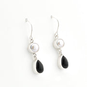 Silver Pearl Black Onyx Dangle Earrings on white background
