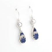 Silver Pearl Blue Vintage Porcelain Dangle Earrings on white background