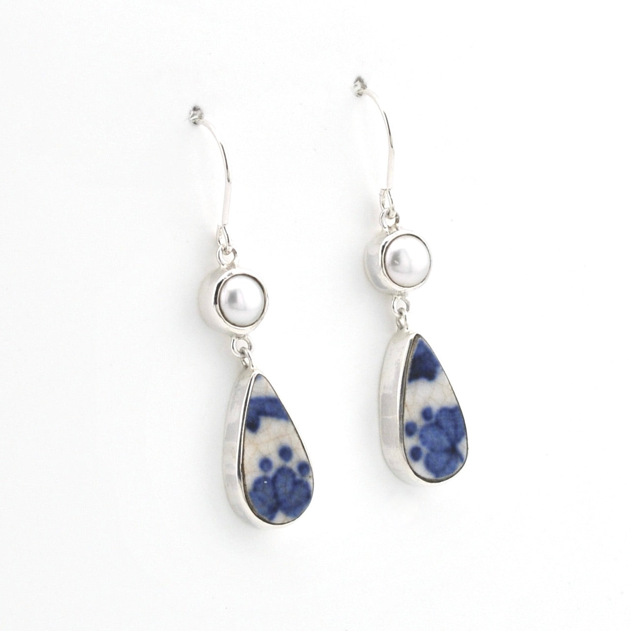 Silver Pearl Blue Vintage Porcelain Dangle Earrings on white background