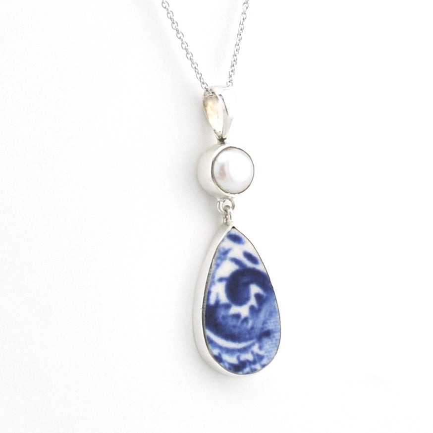 Silver Pearl Blue Vintage Porcelain Necklace on white background