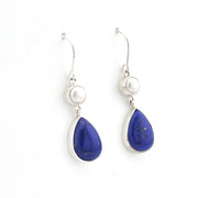 Silver Pearl Lapis Tear Dangle Earrings on white background
