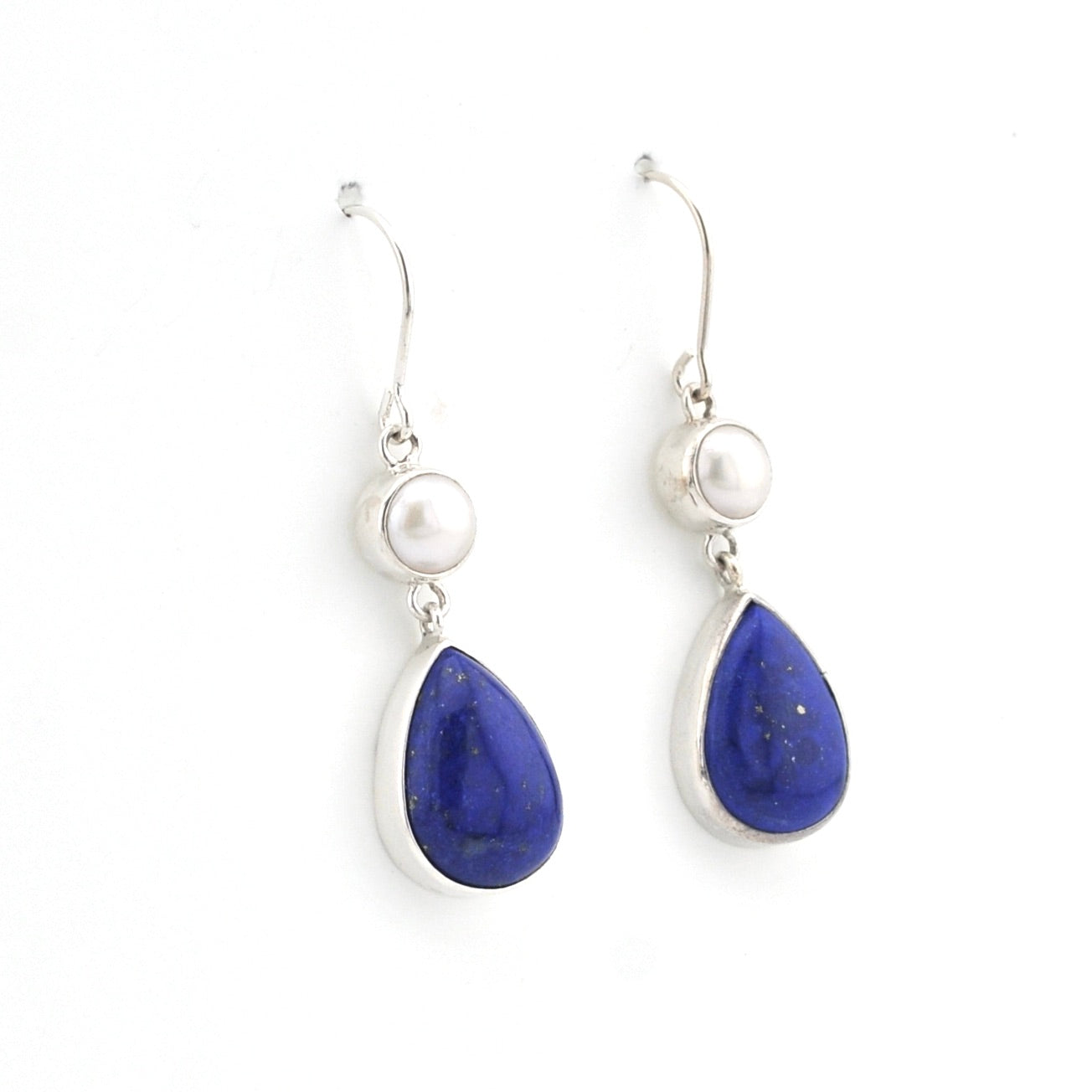 Silver Pearl Lapis Tear Dangle Earrings on white background