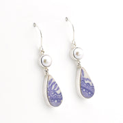 Silver Pearl Lavender Vintage Porcelain Dangle Earrings on white background