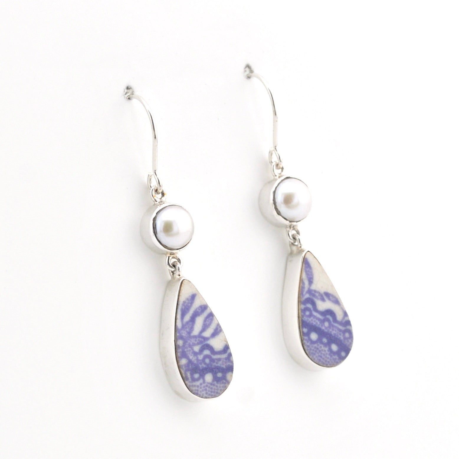 Silver Pearl Lavender Vintage Porcelain Dangle Earrings on white background