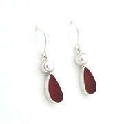 Silver Pearl Red Sea Glass Earrings on white background