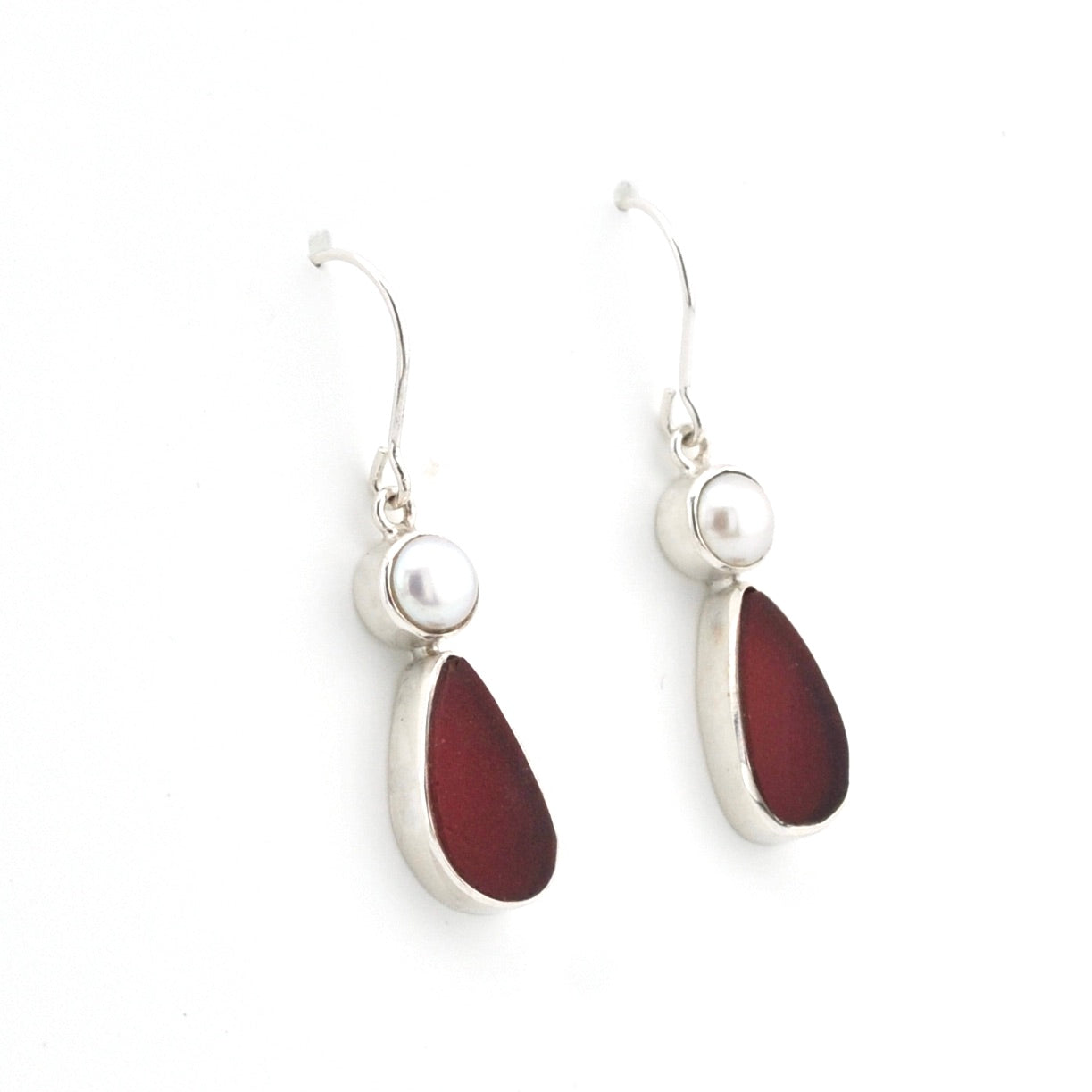 Silver Pearl Red Sea Glass Earrings on white background