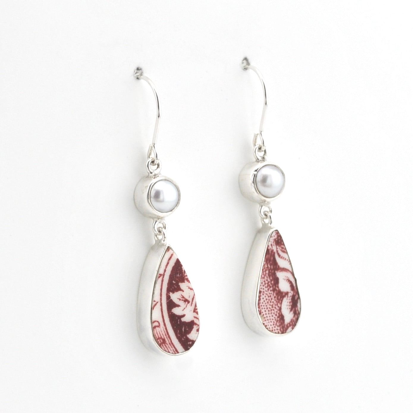 Silver Pearl Red Vintage Porcelain Dangle Earrings on white background