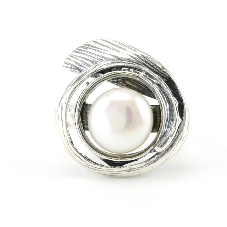 Alternate View Silver Pearl Ring Swirl Ring