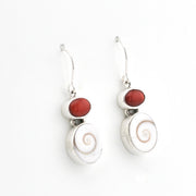 Silver Red Coral Shiva Shell Earrings on white background