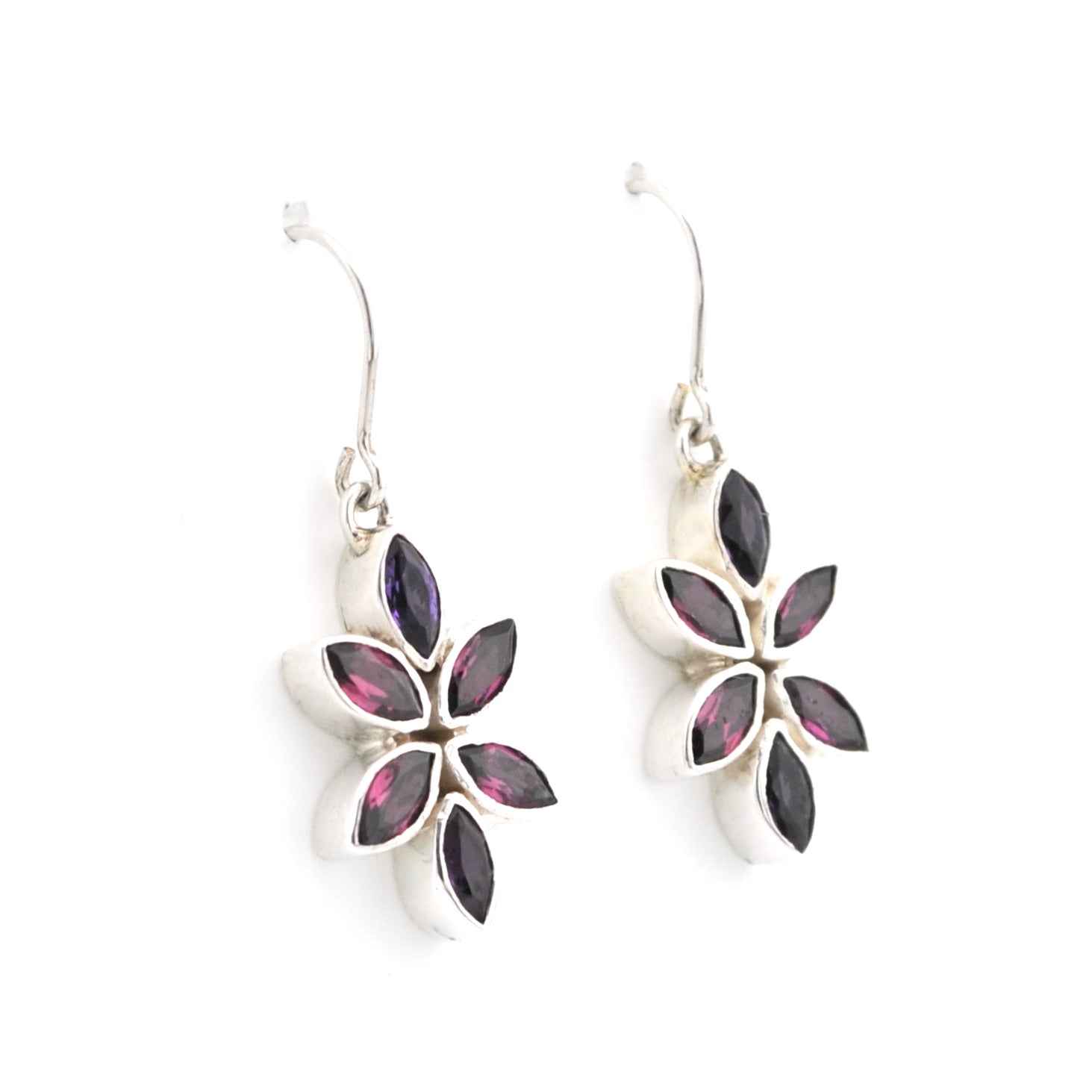 Silver Rhodolite Amethyst Small Flower Earrings on white background.