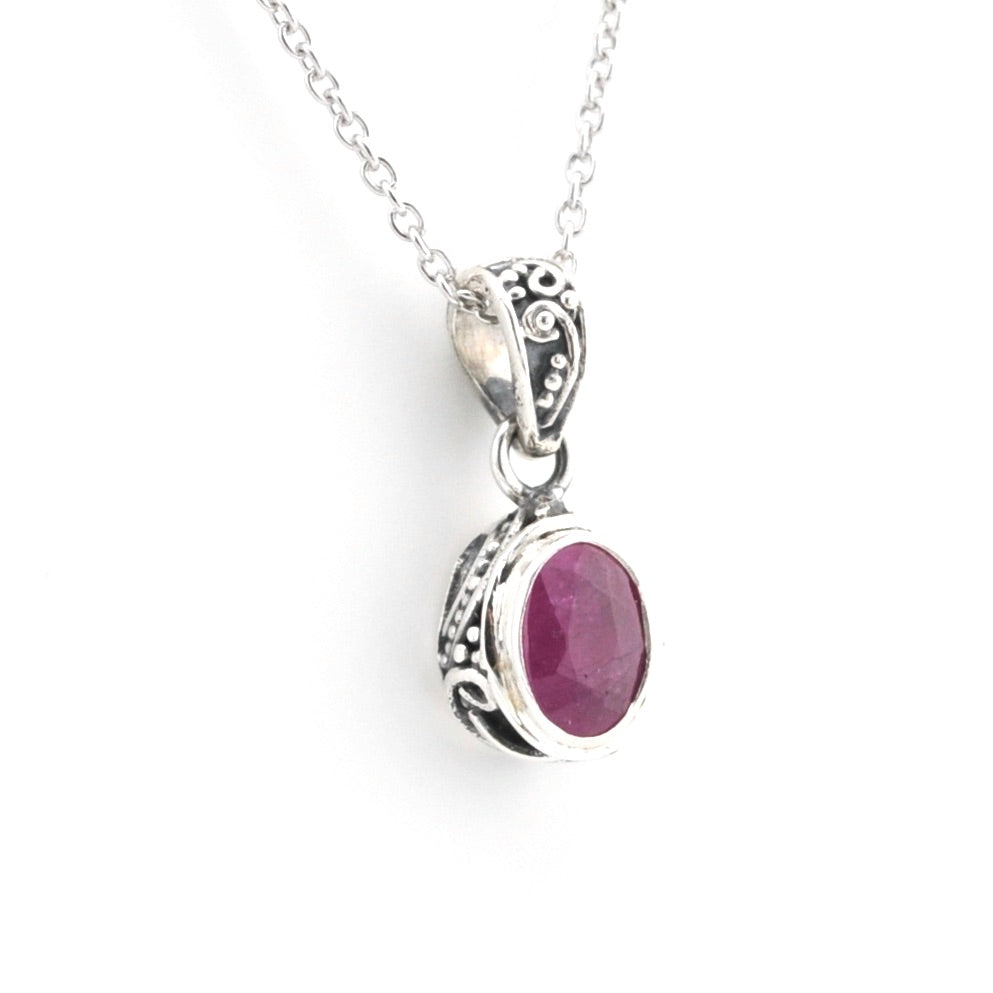 Silver Ruby 5x7mm Oval Bali Necklace on white background