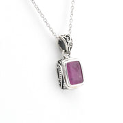 Silver Ruby 6x8mm Rectangle Bali Necklace on white background