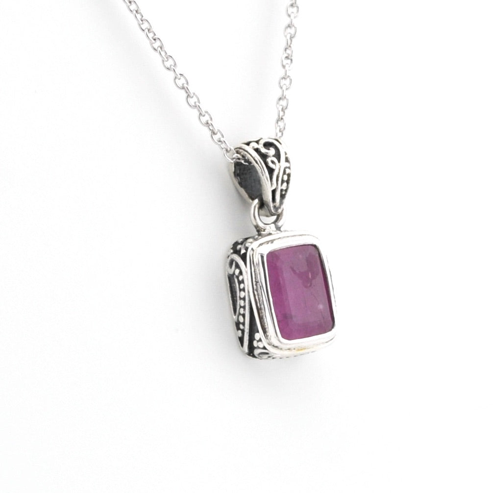 Silver Ruby 6x8mm Rectangle Bali Necklace on white background